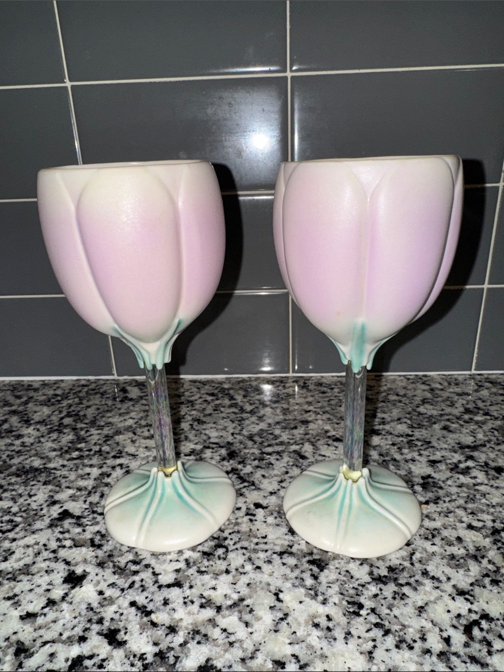 Pair of Pink Petal-Edged Ceramic Wine Glasses